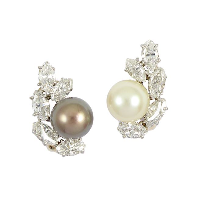   Cartier - Pair of natural brown and white pearl and diamond cluster earrings | MasterArt